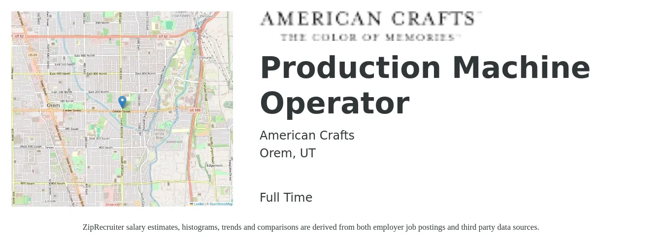 American Crafts job posting for a Production Machine Operator in Orem, UT with a salary of $17 to $18 Hourly with a map of Orem location.