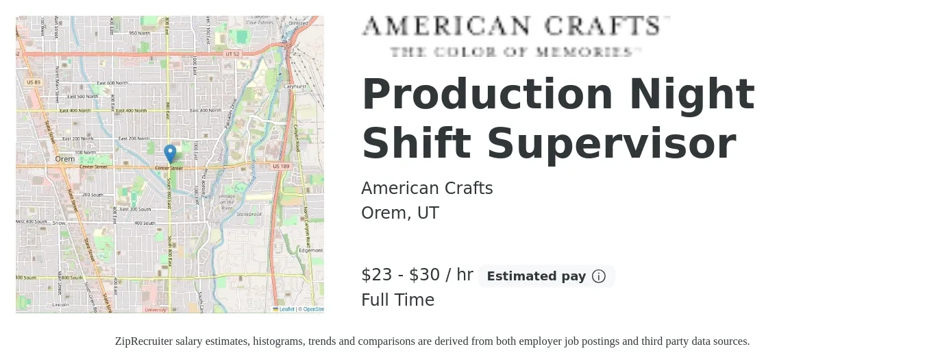 American Crafts job posting for a Production Night Shift Supervisor in Orem, UT with a salary of $48,700 to $70,000 Yearly with a map of Orem location.