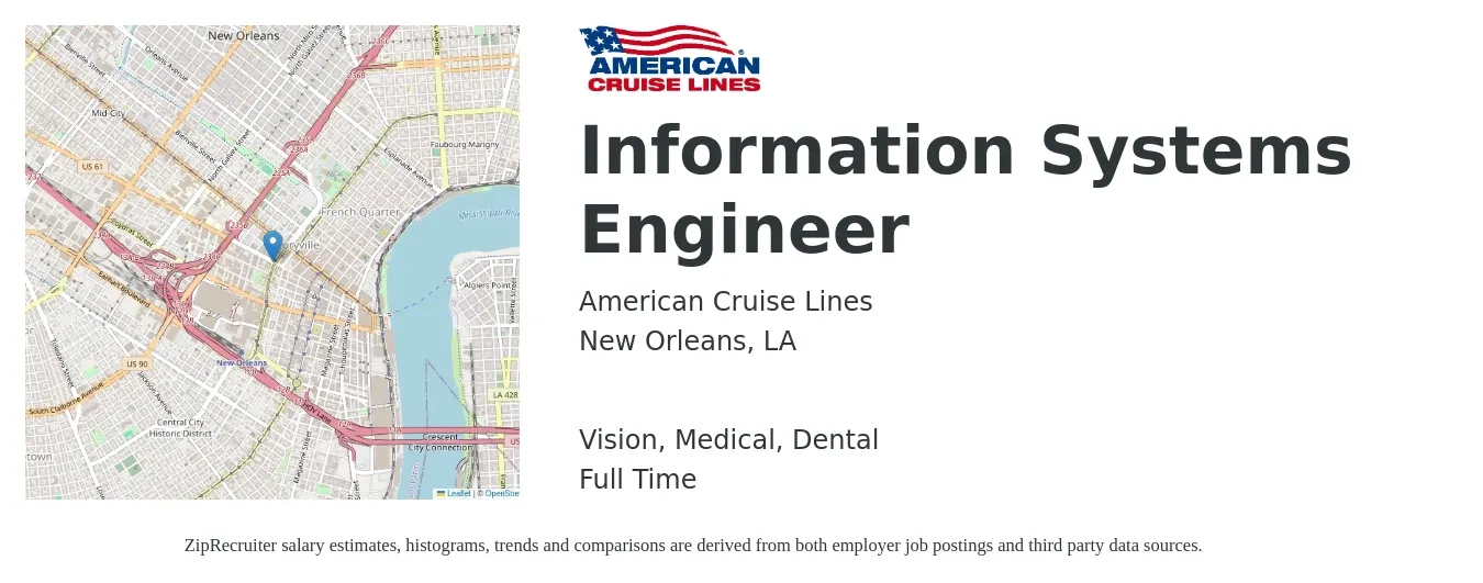 American Cruise Lines job posting for a Information Systems Engineer in New Orleans, LA with a salary of $94,100 to $150,800 Yearly and benefits including vision, dental, medical, and retirement with a map of New Orleans location.