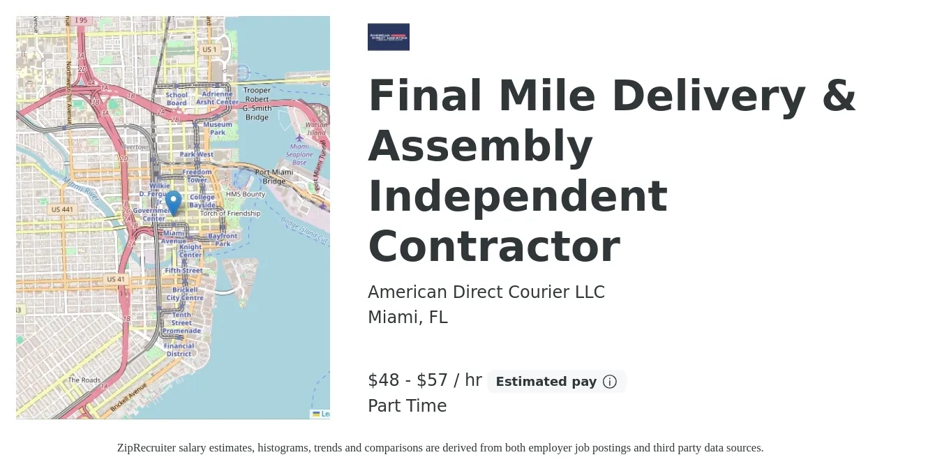 American Direct Courier LLC job posting for a Final Mile Delivery & Assembly Independent Contractor in Miami, FL with a salary of $50 to $60 Hourly with a map of Miami location.