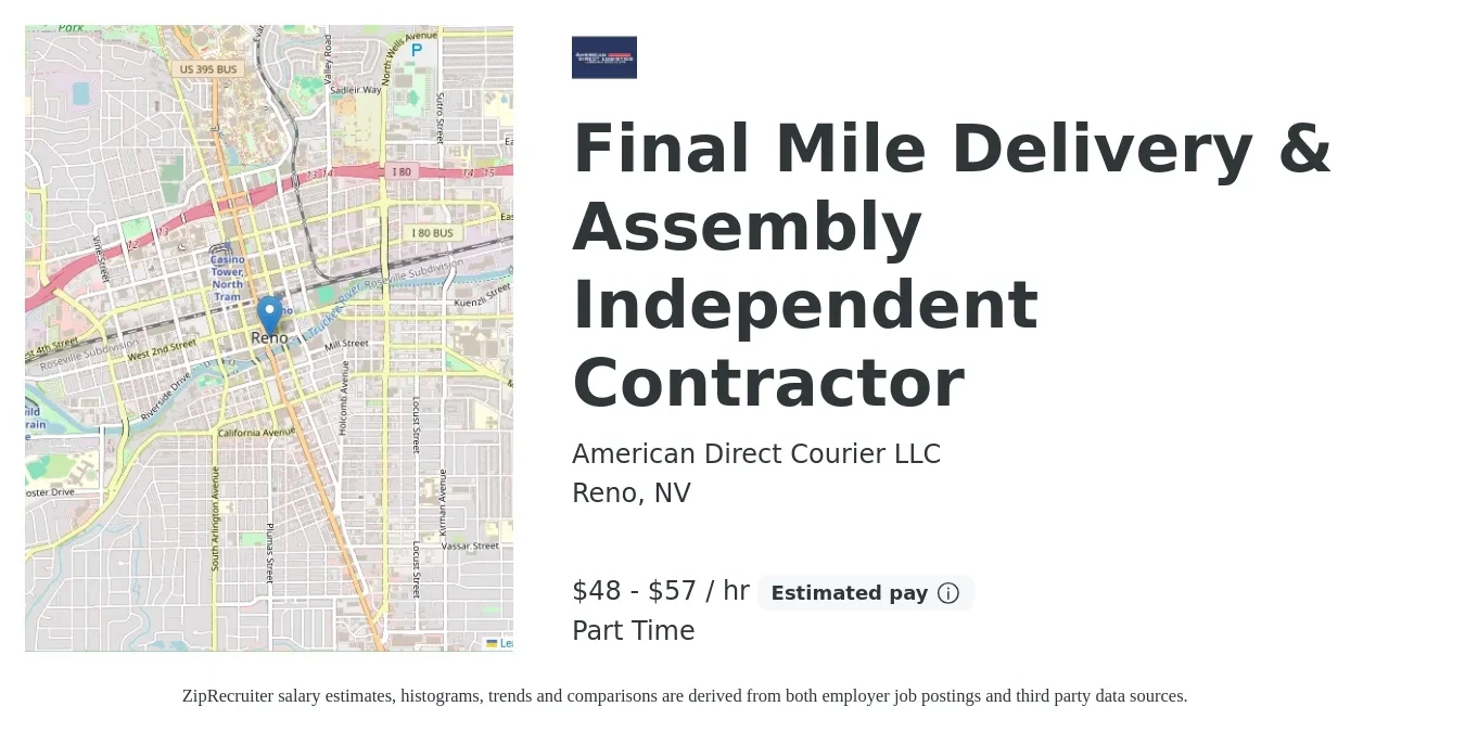 American Direct Courier LLC job posting for a Final Mile Delivery & Assembly Independent Contractor in Reno, NV with a salary of $50 to $60 Hourly with a map of Reno location.
