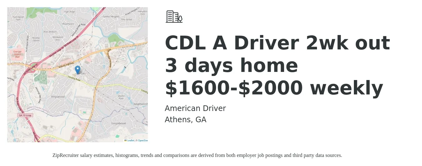 American Driver job posting for a CDL A Driver 2wk out 3 days home $1600-$2000 weekly in Athens, GA with a salary of $1,600 to $2,000 Weekly with a map of Athens location.