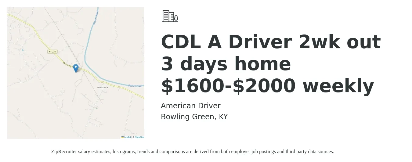 American Driver job posting for a CDL A Driver 2wk out 3 days home $1600-$2000 weekly in Bowling Green, KY with a salary of $1,600 to $2,000 Weekly with a map of Bowling Green location.