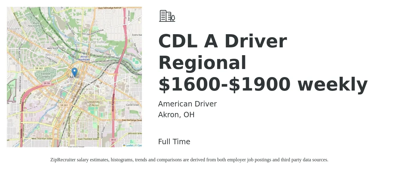 American Driver job posting for a CDL A Driver Regional $1600-$1900 weekly in Akron, OH with a salary of $1,600 to $1,900 Weekly with a map of Akron location.