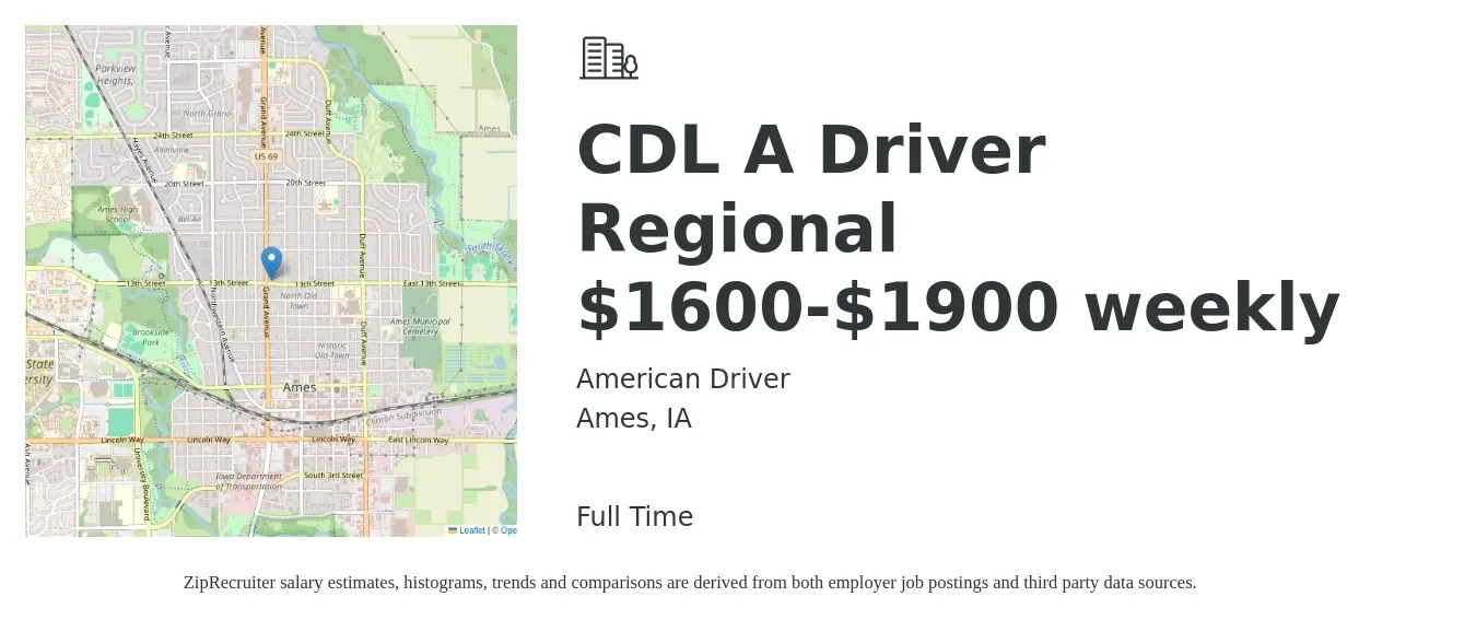 American Driver job posting for a CDL A Driver Regional $1600-$1900 weekly in Ames, IA with a salary of $1,600 to $1,900 Weekly with a map of Ames location.