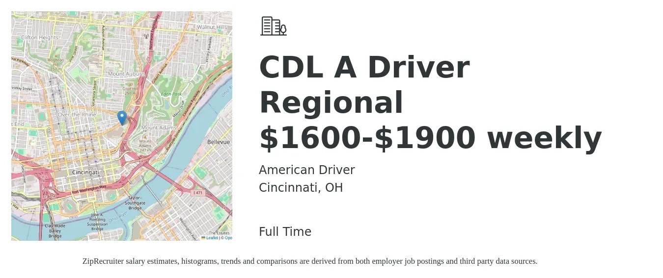 American Driver job posting for a CDL A Driver Regional $1600-$1900 weekly in Cincinnati, OH with a salary of $1,600 to $1,900 Weekly with a map of Cincinnati location.