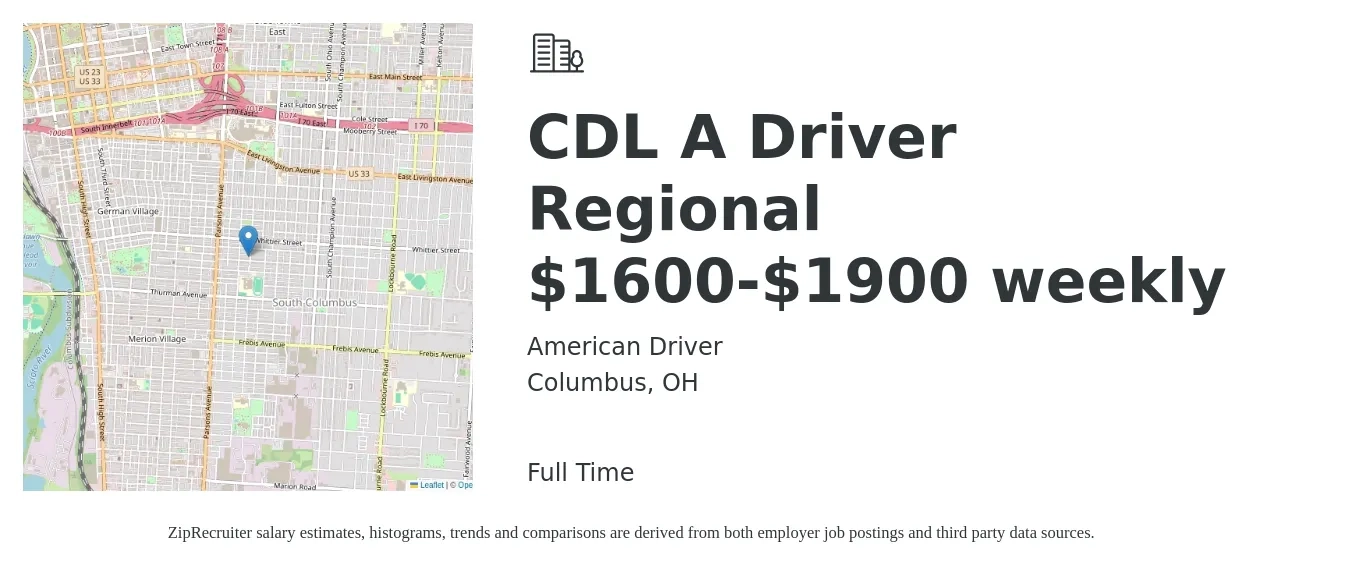 American Driver job posting for a CDL A Driver Regional $1600-$1900 weekly in Columbus, OH with a salary of $1,600 to $1,900 Weekly with a map of Columbus location.