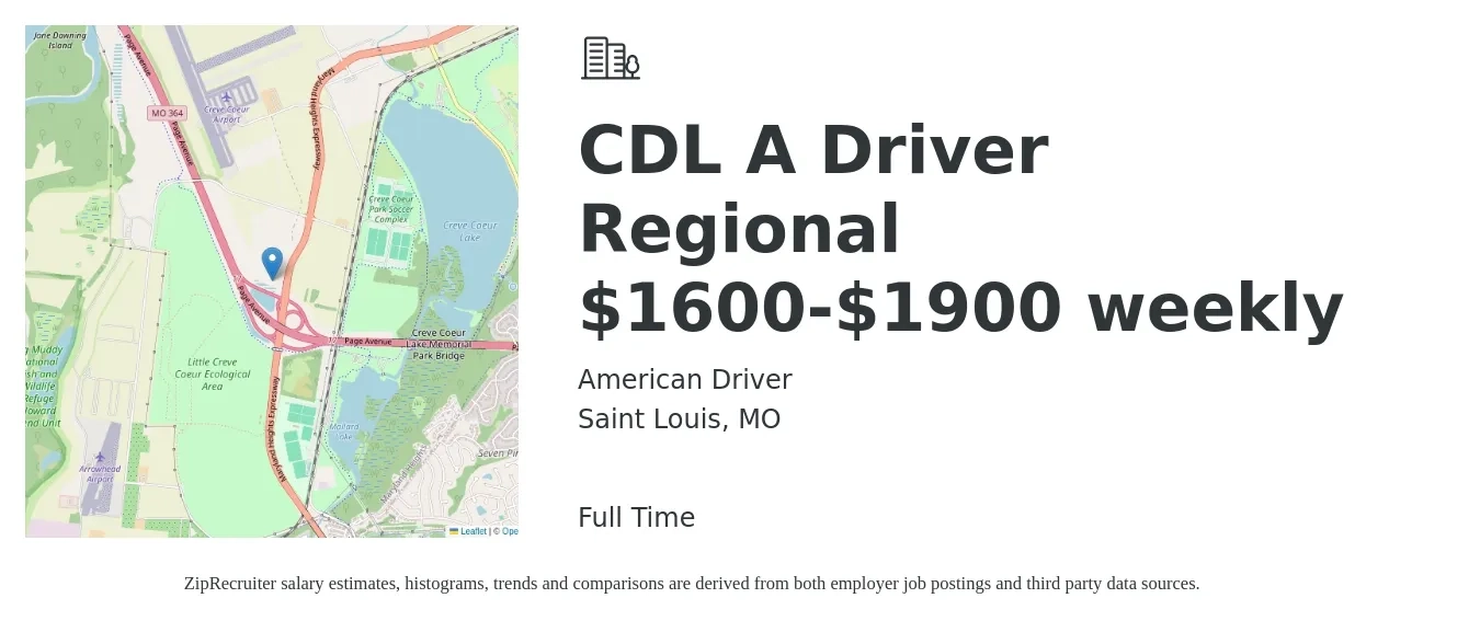 American Driver job posting for a CDL A Driver Regional $1600-$1900 weekly in Saint Louis, MO with a salary of $1,600 to $1,900 Weekly with a map of Saint Louis location.
