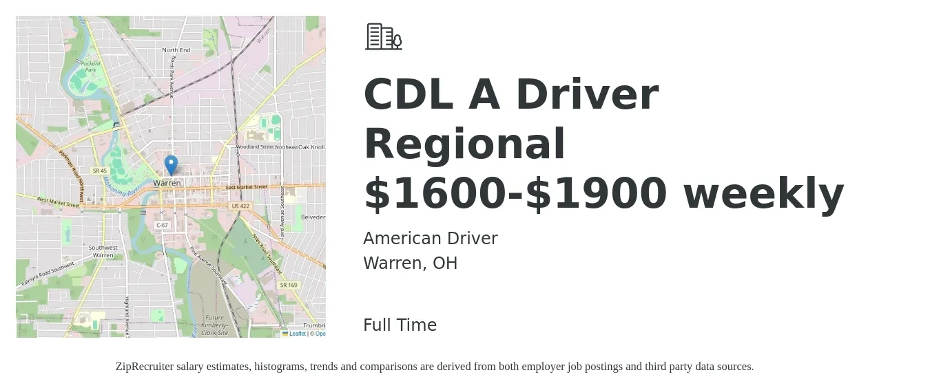 American Driver job posting for a CDL A Driver Regional $1600-$1900 weekly in Warren, OH with a salary of $1,600 to $1,900 Weekly with a map of Warren location.