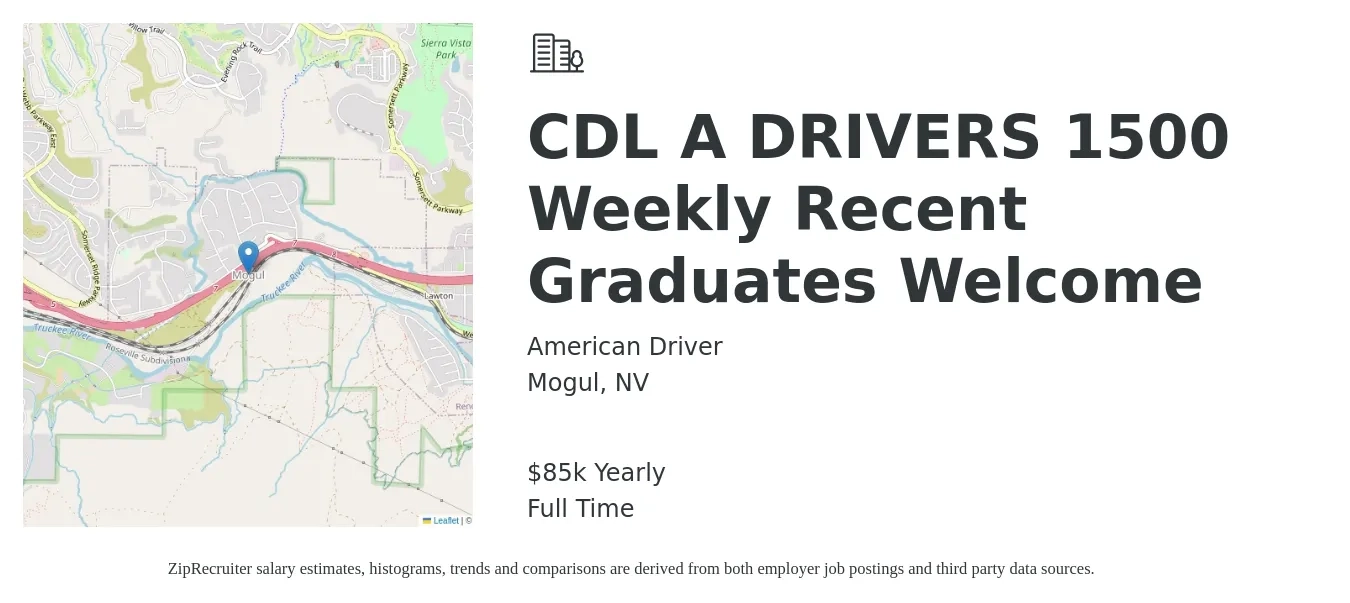 American Driver job posting for a CDL A DRIVERS 1500 Weekly Recent Graduates Welcome in Mogul, NV with a salary of $85,000 Yearly with a map of Mogul location.