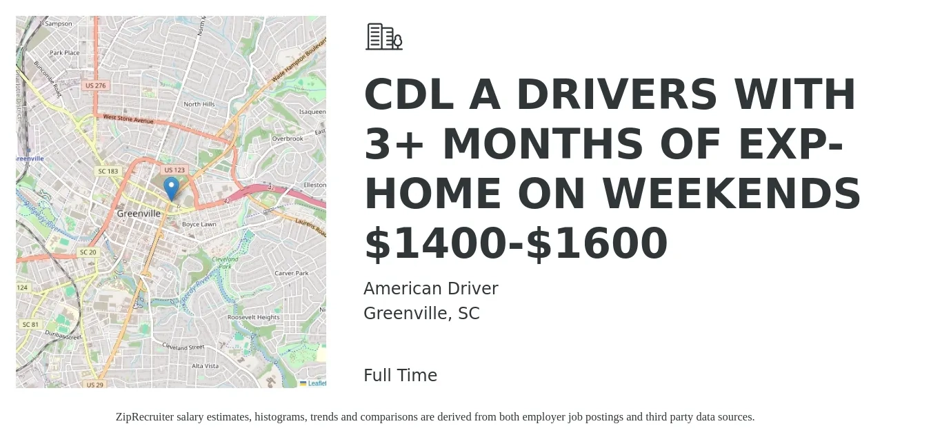 American Driver job posting for a CDL A DRIVERS WITH 3+ MONTHS OF EXP-HOME ON WEEKENDS $1400-$1600 in Greenville, SC with a salary of $1,400 to $1,600 Weekly with a map of Greenville location.