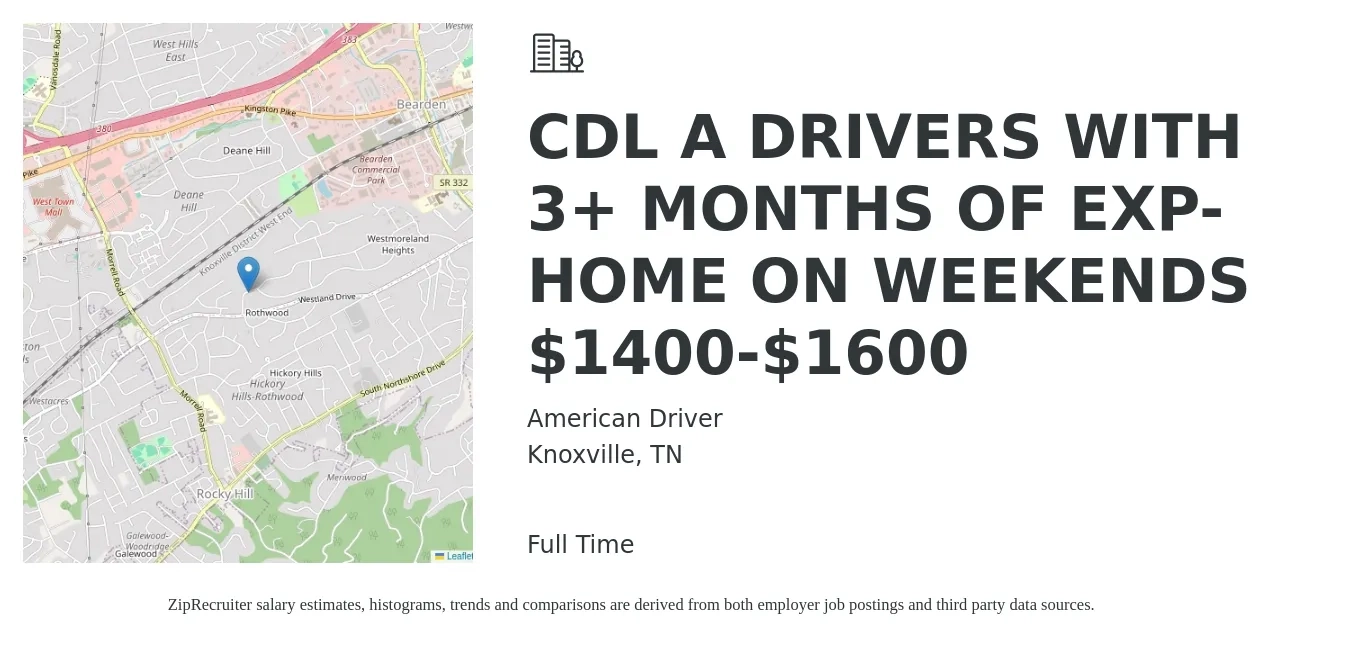 American Driver job posting for a CDL A DRIVERS WITH 3+ MONTHS OF EXP-HOME ON WEEKENDS $1400-$1600 in Knoxville, TN with a salary of $1,400 to $1,600 Weekly with a map of Knoxville location.
