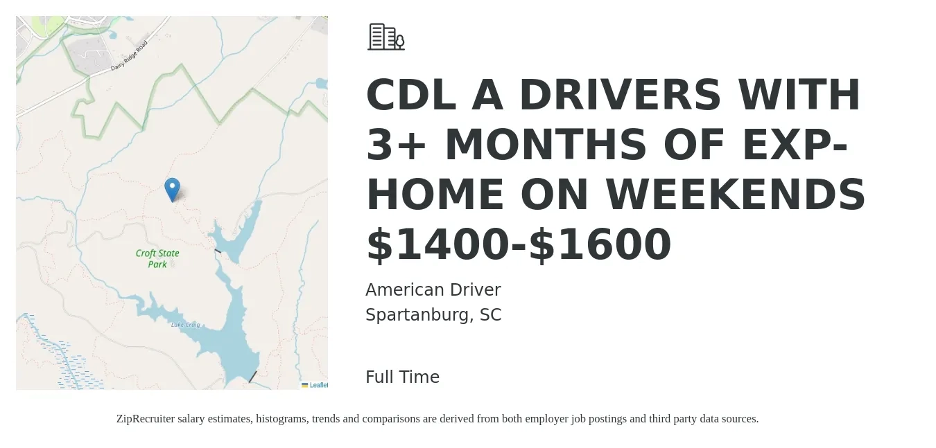 American Driver job posting for a CDL A DRIVERS WITH 3+ MONTHS OF EXP-HOME ON WEEKENDS $1400-$1600 in Spartanburg, SC with a salary of $1,400 to $1,600 Weekly with a map of Spartanburg location.