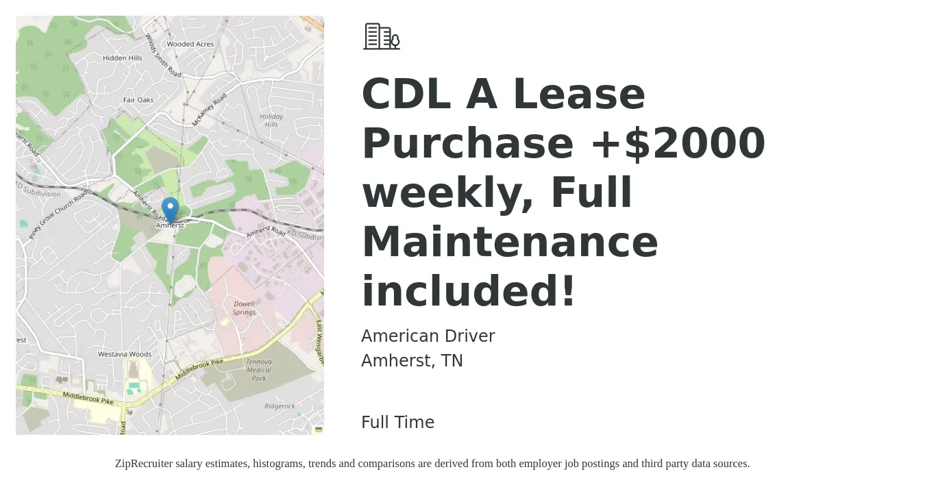 American Driver job posting for a CDL A Lease Purchase +$2000 weekly, Full Maintenance included! in Amherst, TN with a salary of $4,700 to $5,650 Weekly with a map of Amherst location.