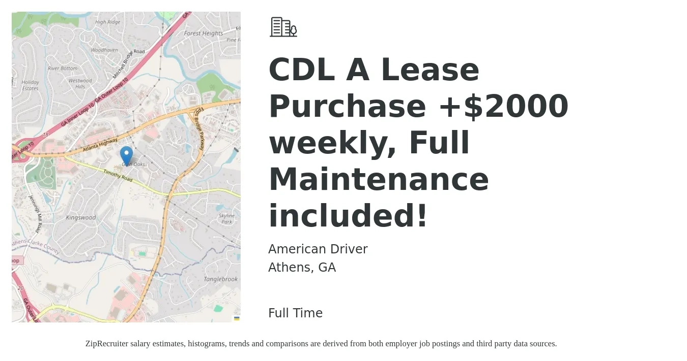 American Driver job posting for a CDL A Lease Purchase +$2000 weekly, Full Maintenance included! in Athens, GA with a salary of $4,700 to $5,650 Weekly with a map of Athens location.