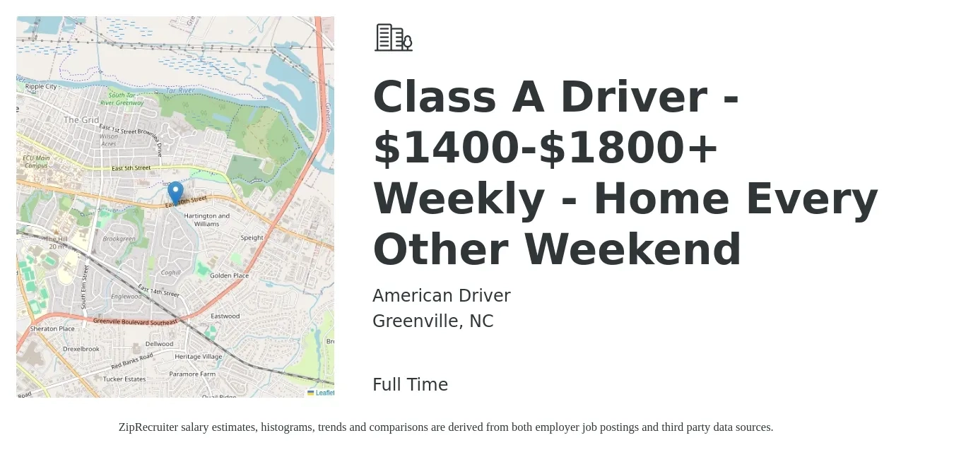 American Driver job posting for a Class A Driver - $1400-$1800+ Weekly - Home Every Other Weekend in Greenville, NC with a salary of $1,400 to $1,800 Weekly with a map of Greenville location.