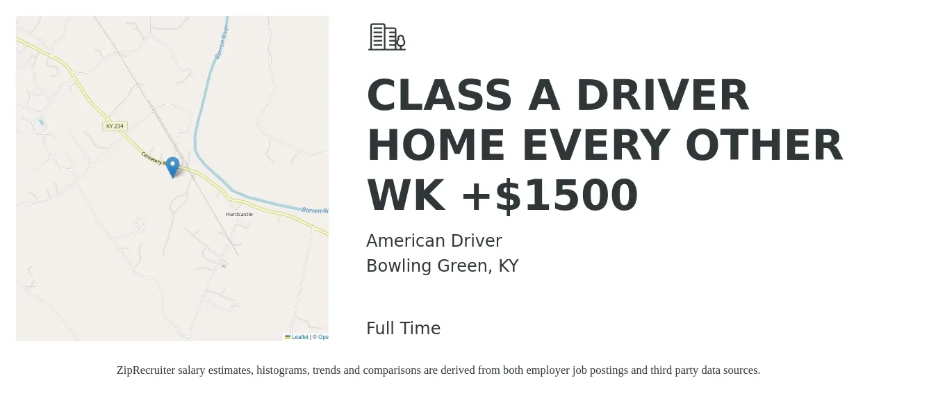 American Driver job posting for a CLASS A DRIVER HOME EVERY OTHER WK +$1500 in Bowling Green, KY with a salary of $1,500 to $1,800 Weekly with a map of Bowling Green location.