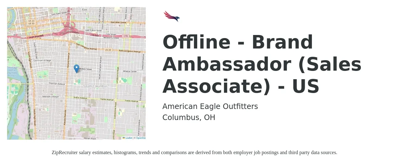 AmericanEagle.com job posting for a Offline - Brand Ambassador (Sales Associate) - US in Columbus, OH with a salary of $19 to $23 Hourly with a map of Columbus location.
