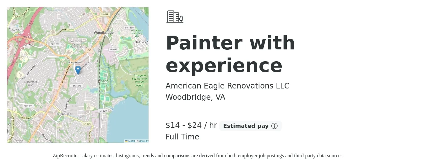 American Eagle Renovations LLC job posting for a Painter with experience in Woodbridge, VA with a salary of $15 to $25 Hourly with a map of Woodbridge location.