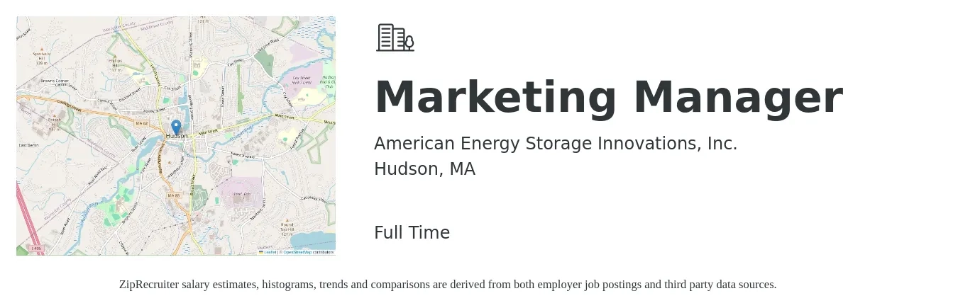American Energy Storage Innovations, Inc. job posting for a Marketing Manager in Hudson, MA with a salary of $63,100 to $103,100 Yearly with a map of Hudson location.