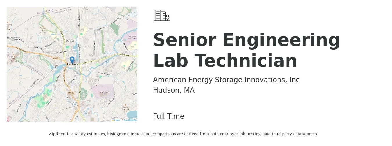 American Energy Storage Innovations, Inc. job posting for a Senior Engineering Lab Technician in Hudson, MA with a salary of $29 to $42 Hourly with a map of Hudson location.