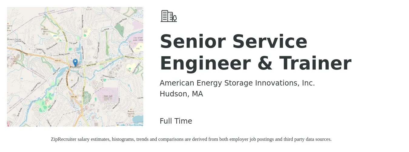 American Energy Storage Innovations, Inc. job posting for a Senior Service Engineer & Trainer in Hudson, MA with a salary of $58,900 to $105,200 Yearly with a map of Hudson location.