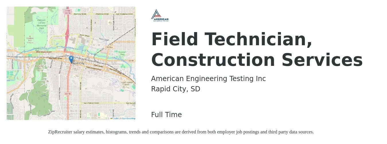 American Engineering Testing Inc job posting for a Field Technician, Construction Services in Rapid City, SD with a salary of $20 to $27 Hourly with a map of Rapid City location.