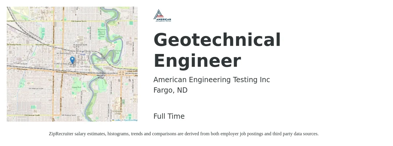 American Engineering Testing Inc job posting for a Geotechnical Engineer in Fargo, ND with a salary of $69,500 to $106,700 Yearly with a map of Fargo location.