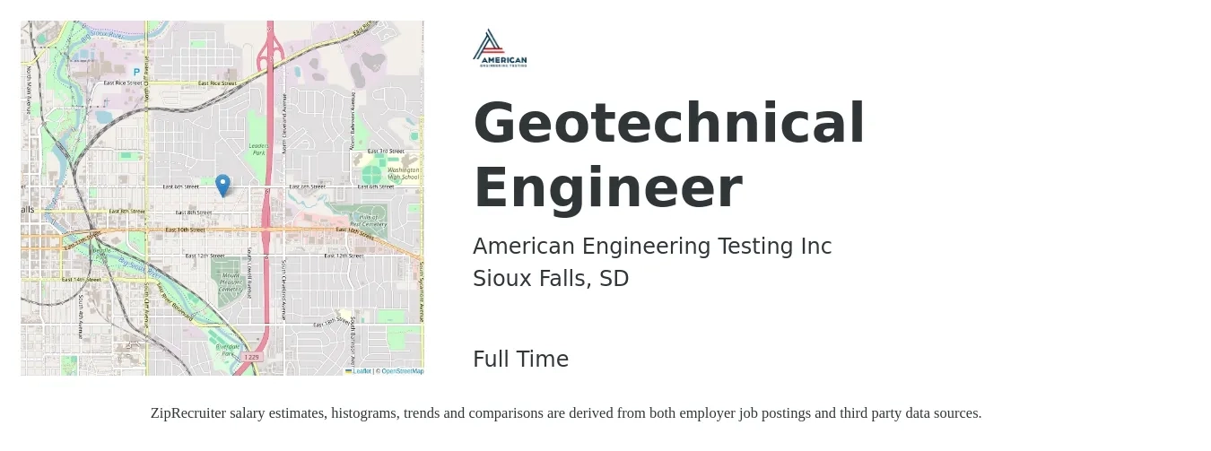 American Engineering Testing Inc job posting for a Geotechnical Engineer in Sioux Falls, SD with a salary of $68,400 to $105,000 Yearly with a map of Sioux Falls location.
