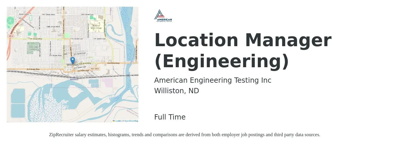 American Engineering Testing Inc job posting for a Location Manager (Engineering) in Williston, ND with a salary of $41,100 to $67,100 Yearly with a map of Williston location.