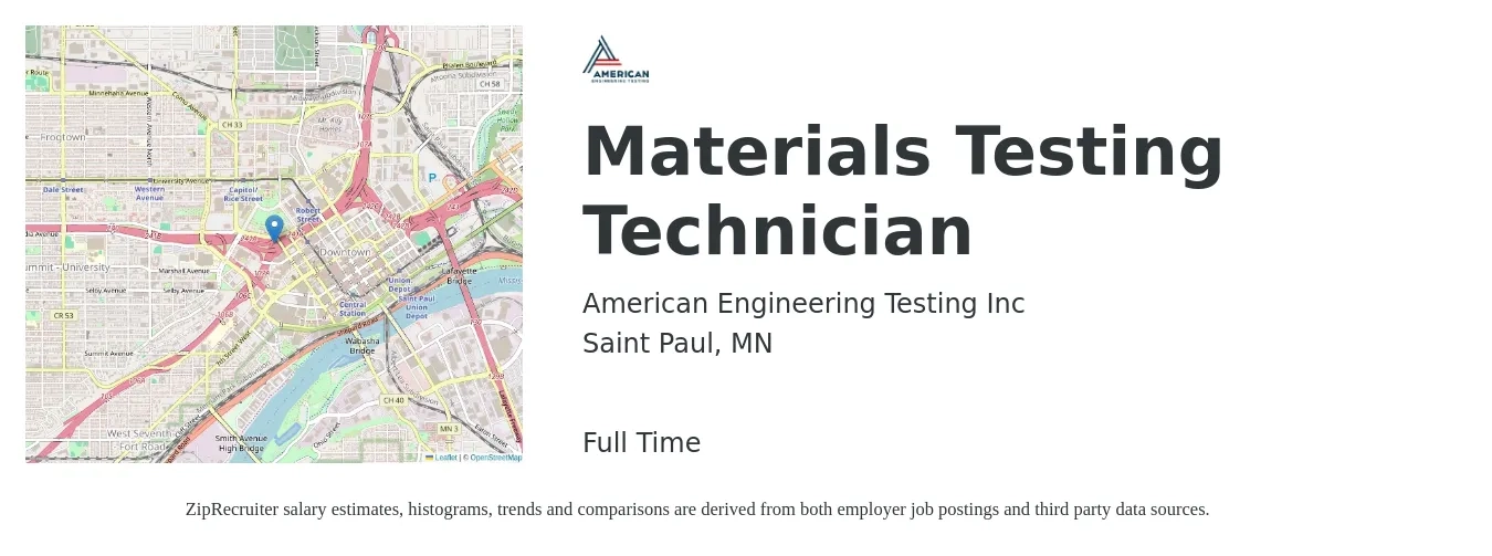 American Engineering Testing Inc job posting for a Materials Testing Technician in Saint Paul, MN with a salary of $19 to $25 Hourly with a map of Saint Paul location.