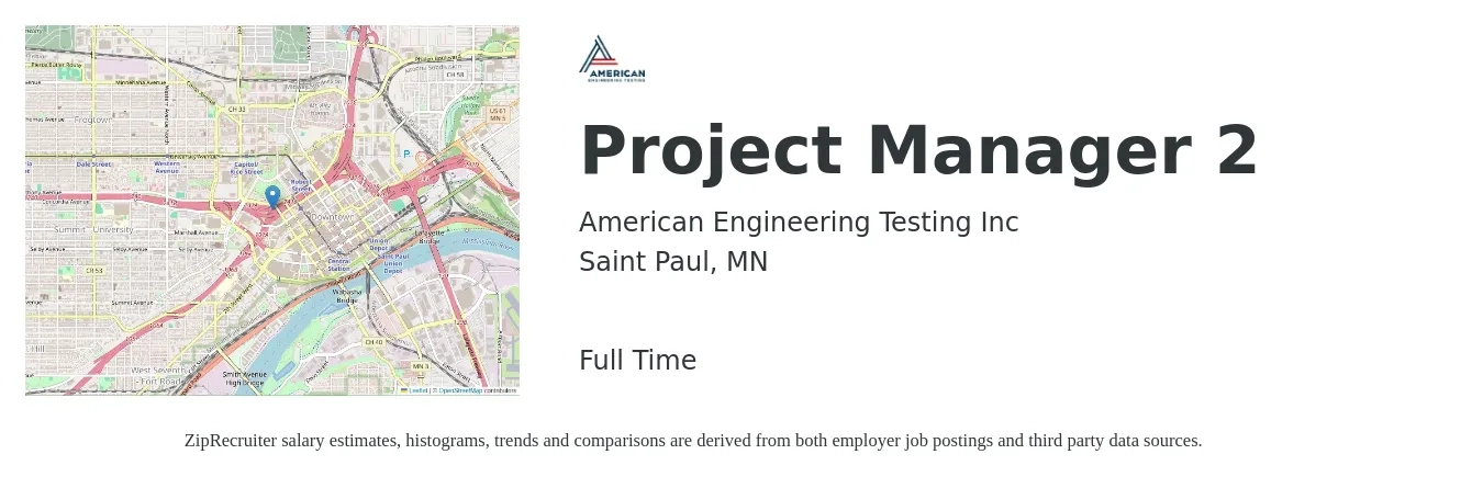 American Engineering Testing Inc job posting for a Project Manager 2 in Saint Paul, MN with a salary of $42 to $62 Hourly with a map of Saint Paul location.