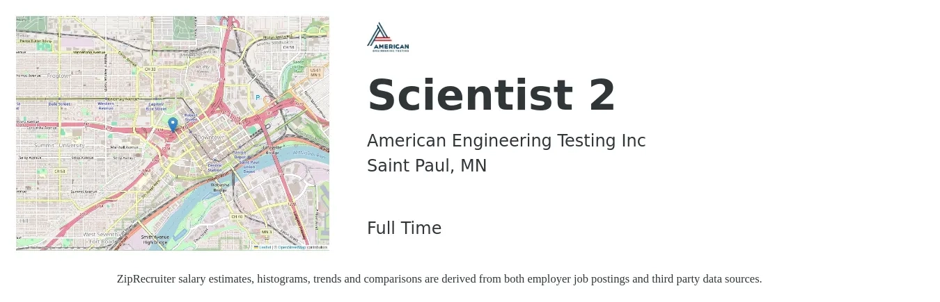 American Engineering Testing Inc job posting for a Scientist 2 in Saint Paul, MN with a salary of $74,500 to $97,800 Yearly with a map of Saint Paul location.
