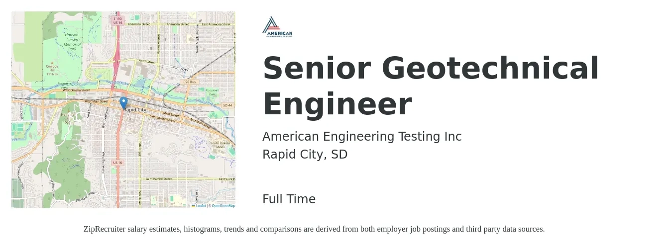 American Engineering Testing Inc job posting for a Senior Geotechnical Engineer in Rapid City, SD with a salary of $94,300 to $129,300 Yearly with a map of Rapid City location.