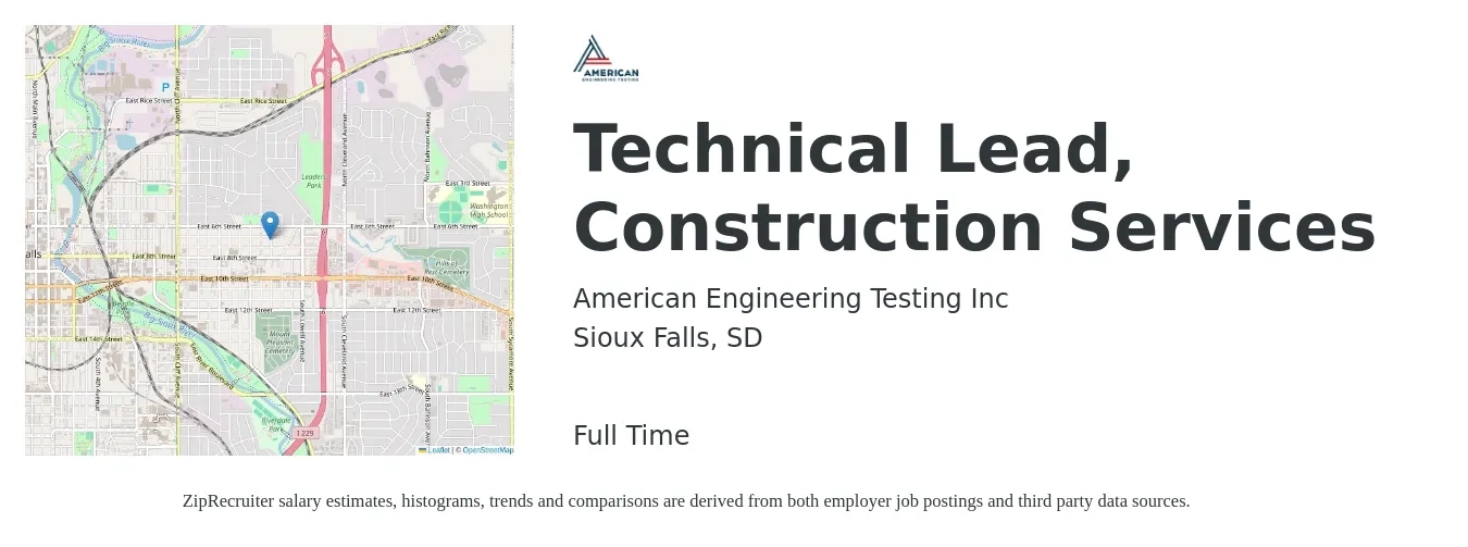American Engineering Testing Inc job posting for a Technical Lead, Construction Services in Sioux Falls, SD with a salary of $111,800 to $197,500 Yearly with a map of Sioux Falls location.