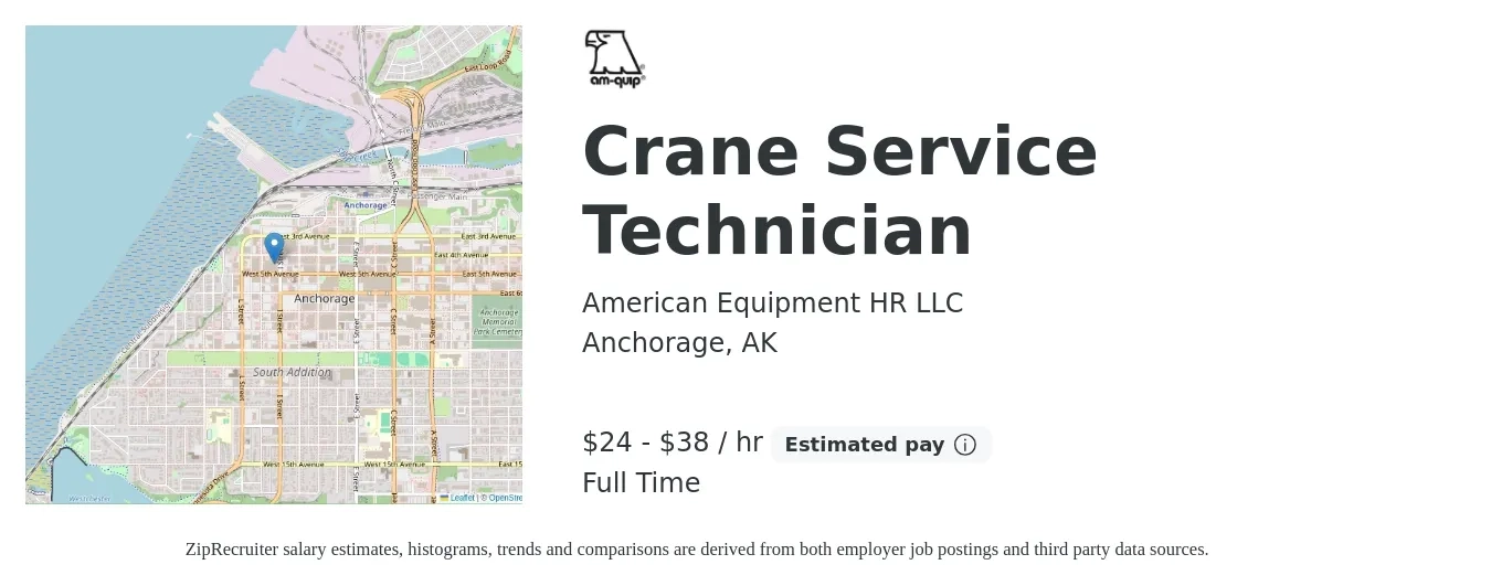 American Equipment HR LLC job posting for a Crane Service Technician in Anchorage, AK with a salary of $27 to $37 Hourly with a map of Anchorage location.