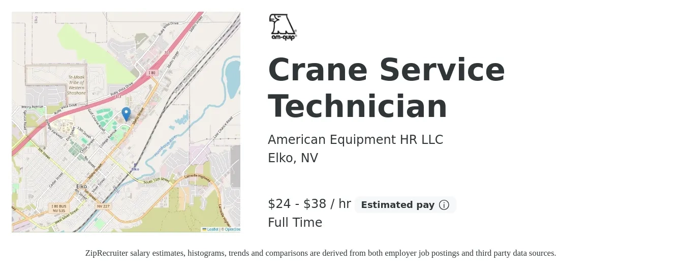 American Equipment HR LLC job posting for a Crane Service Technician in Elko, NV with a salary of $25 to $40 Hourly with a map of Elko location.
