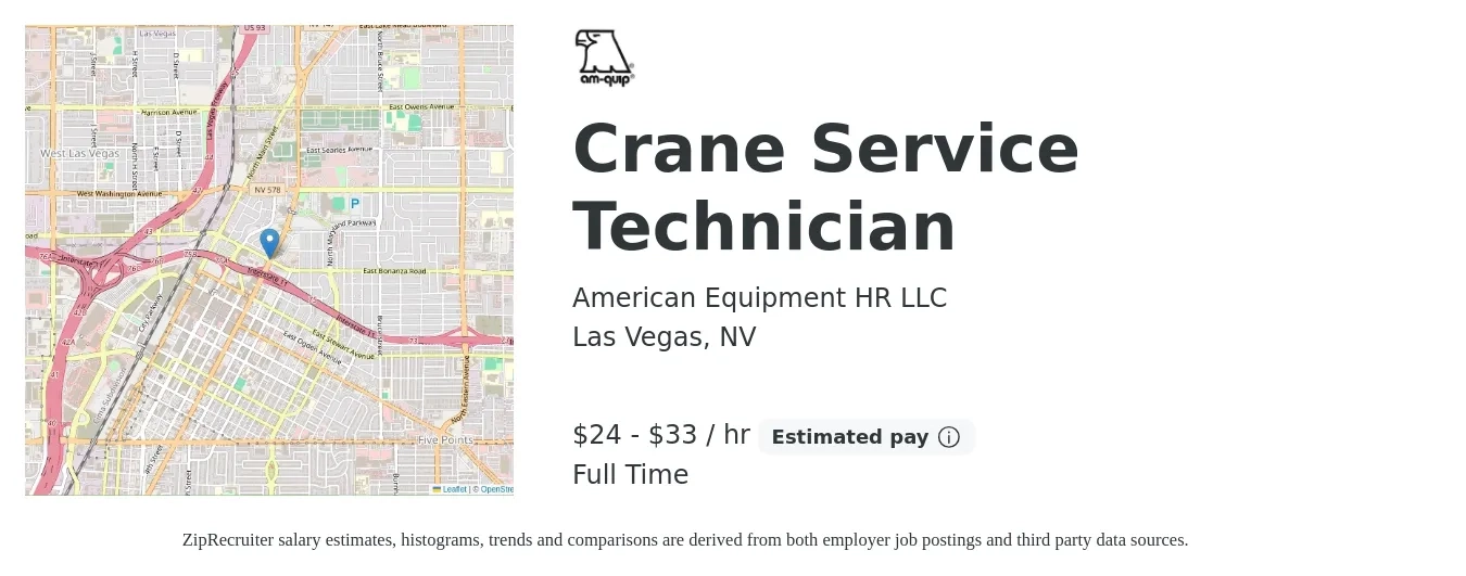 American Equipment HR LLC job posting for a Crane Service Technician in Las Vegas, NV with a salary of $25 to $35 Hourly with a map of Las Vegas location.