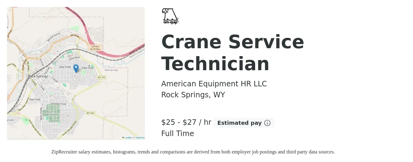 American Equipment HR LLC job posting for a Crane Service Technician in Rock Springs, WY with a salary of $27 to $29 Hourly with a map of Rock Springs location.
