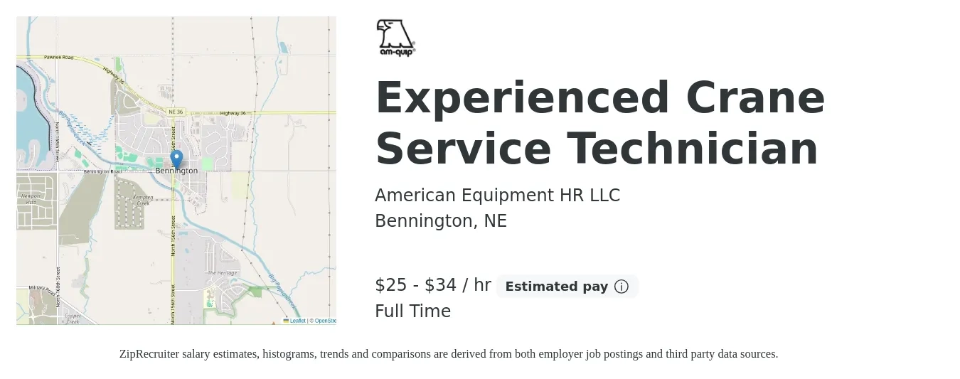 American Equipment HR LLC job posting for a Experienced Crane Service Technician in Bennington, NE with a salary of $26 to $36 Hourly with a map of Bennington location.