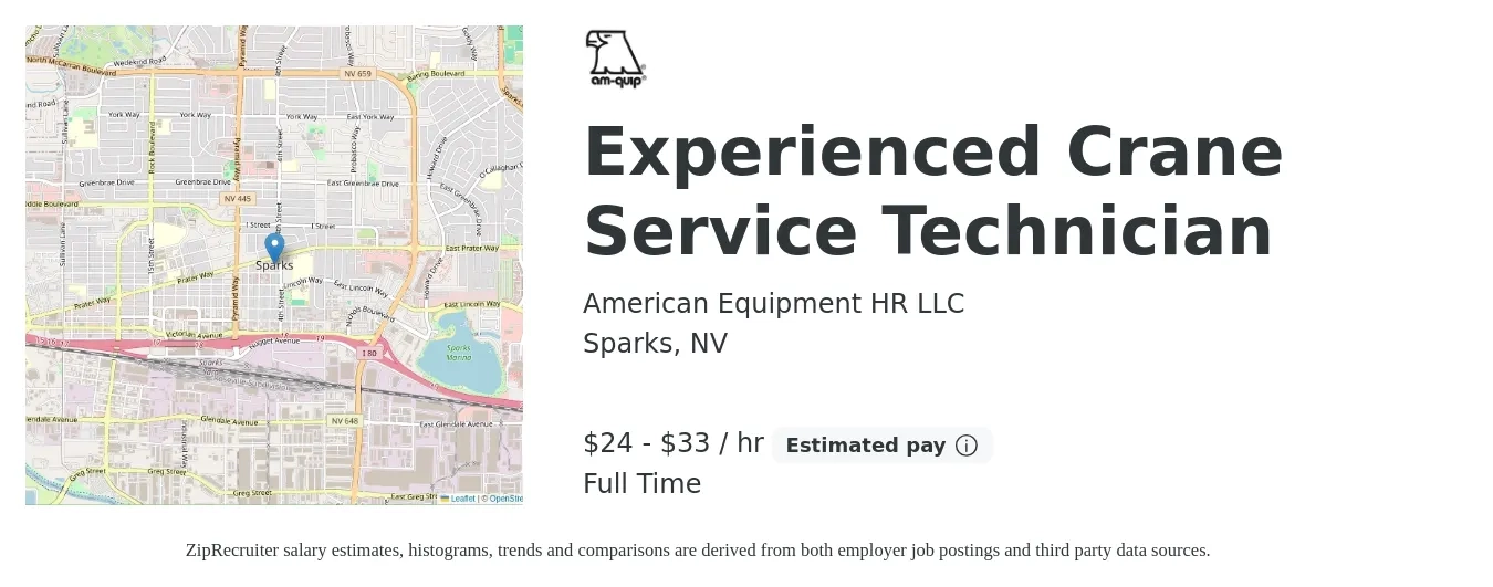 American Equipment HR LLC job posting for a Experienced Crane Service Technician in Sparks, NV with a salary of $25 to $35 Hourly with a map of Sparks location.