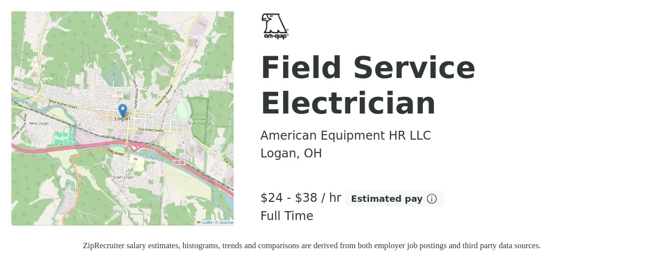 American Equipment HR LLC job posting for a Field Service Electrician in Logan, OH with a salary of $25 to $40 Hourly with a map of Logan location.