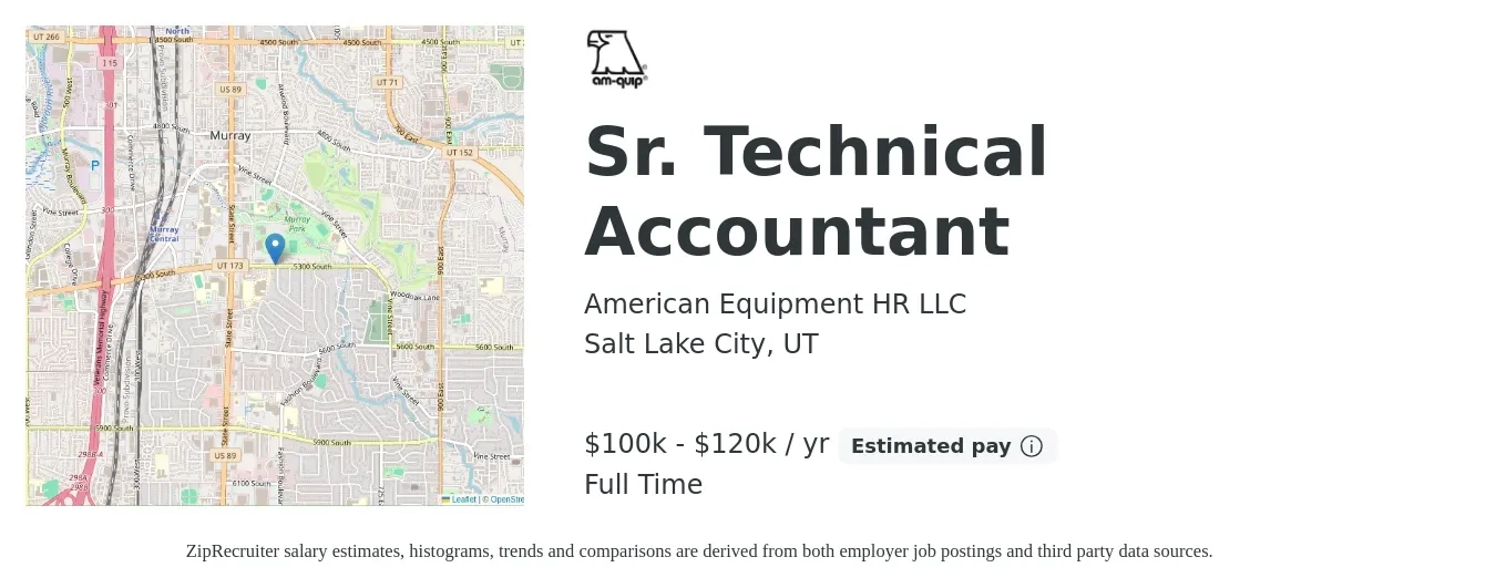 American Equipment HR LLC job posting for a Sr. Technical Accountant in Salt Lake City, UT with a salary of $100,000 to $120,000 Yearly with a map of Salt Lake City location.
