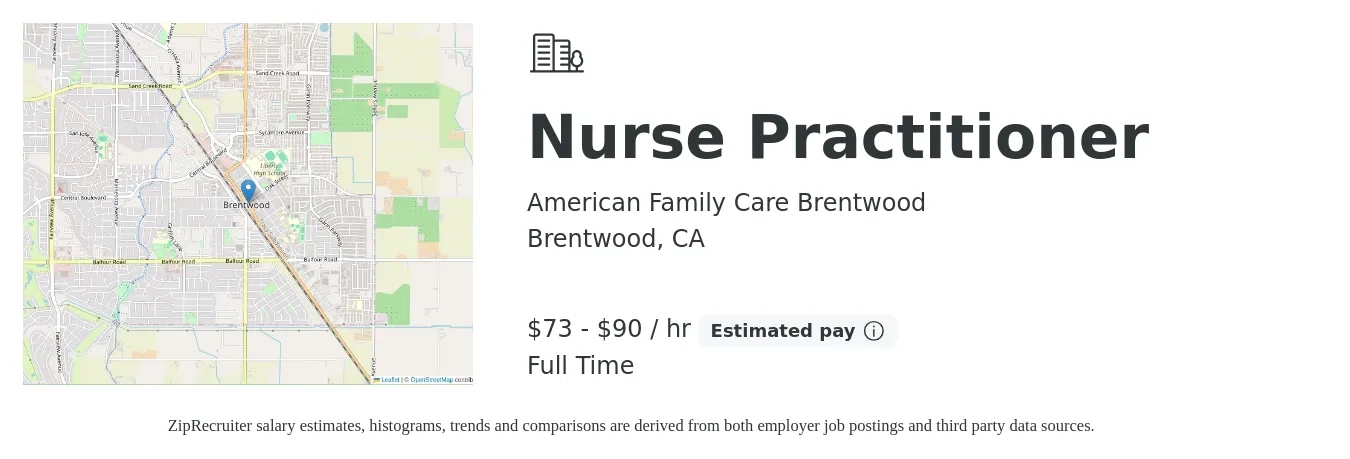 American Family Care Brentwood job posting for a Nurse Practitioner in Brentwood, CA with a salary of $75 to $93 Hourly with a map of Brentwood location.