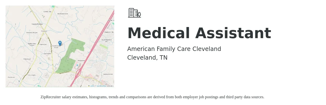 American Family Care Cleveland job posting for a Medical Assistant in Cleveland, TN with a salary of $14 to $19 Hourly with a map of Cleveland location.