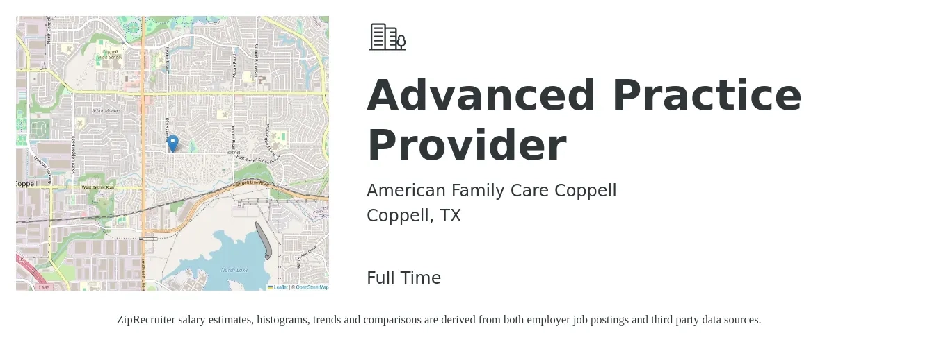 American Family Care Coppell job posting for a Advanced Practice Provider in Coppell, TX with a salary of $80,900 to $111,600 Yearly with a map of Coppell location.