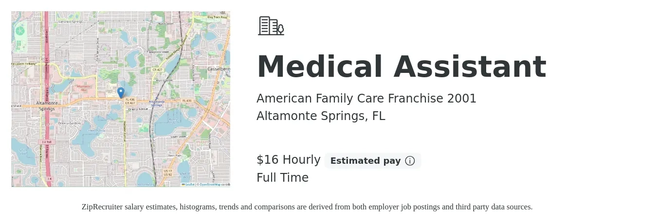 American Family Care Franchise 2001 job posting for a Medical Assistant in Altamonte Springs, FL with a salary of $17 Hourly with a map of Altamonte Springs location.