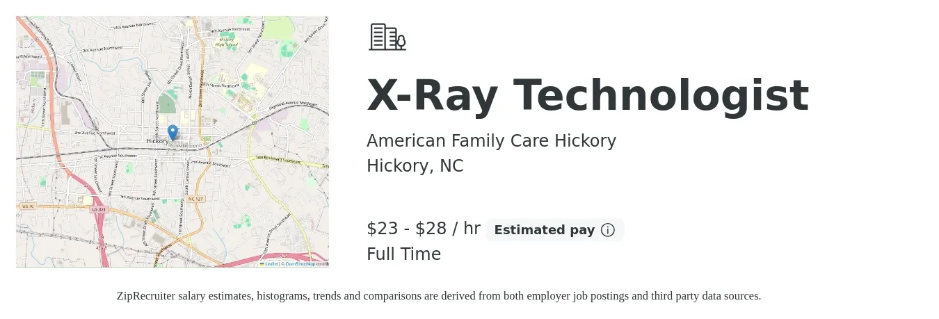 American Family Care Hickory job posting for a X-Ray Technologist in Hickory, NC with a salary of $22 to $26 Hourly with a map of Hickory location.