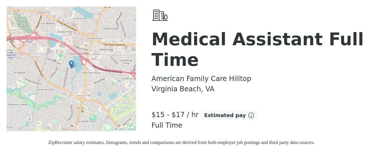 American Family Care Hilltop job posting for a Medical Assistant Full Time in Virginia Beach, VA with a salary of $16 to $18 Hourly with a map of Virginia Beach location.