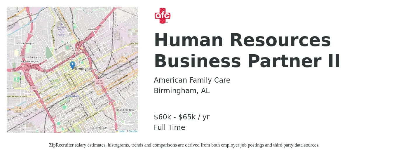 American Family Care job posting for a Human Resources Business Partner II in Birmingham, AL with a salary of $60,000 to $65,000 Yearly with a map of Birmingham location.